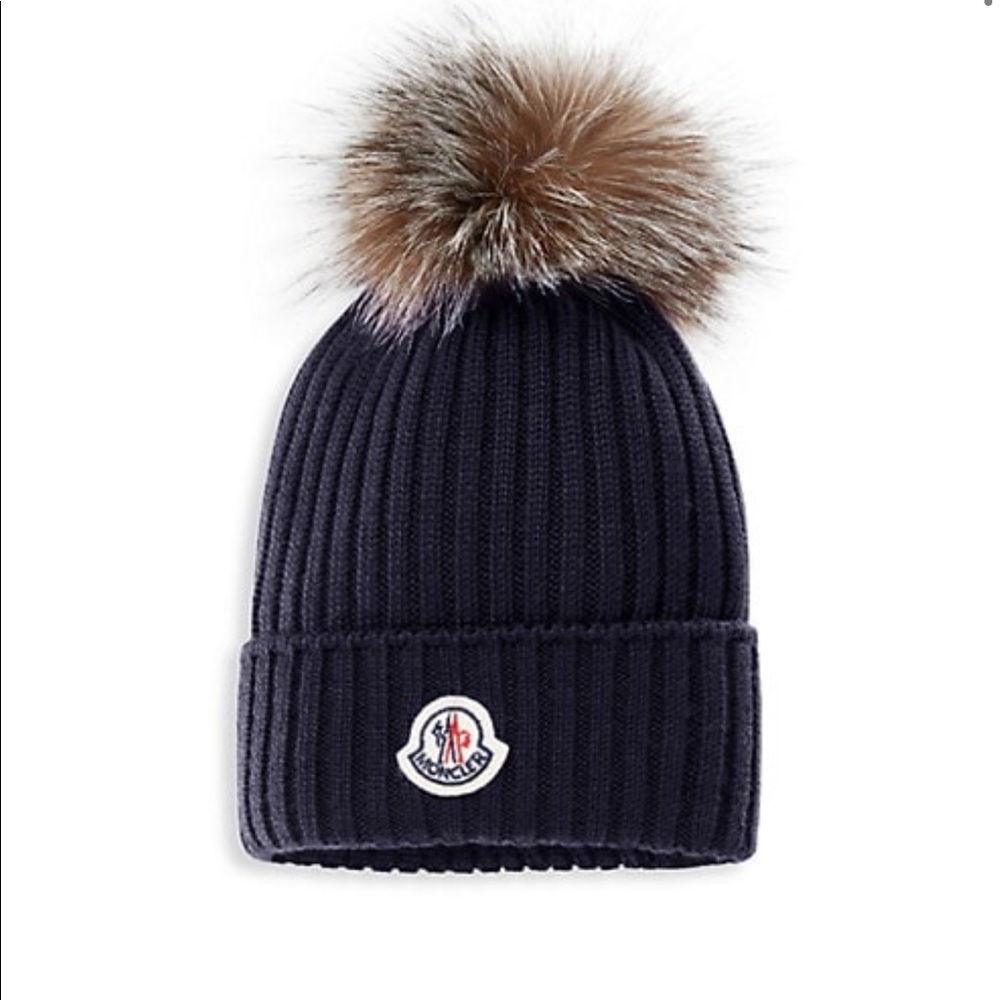 Moncler Rib-Knit beanie hat with fur Pom Pom